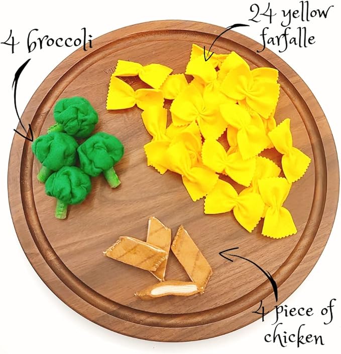 Pasta with broccoli, farfalle, bow tie pasta, felt play food for kids kitchen, pretend play for kids (yellow, set 3 (farfalle, broccoli, chicken))