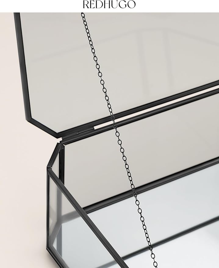 Large Glass Boxes for Display Handmade, Mirrored Bottom, Glass Jewelry Box with Lid, Trinket Box Book Photo Keepsake Organizer, Display Case for Vanity Decor Home Dresser, Octagon, Black