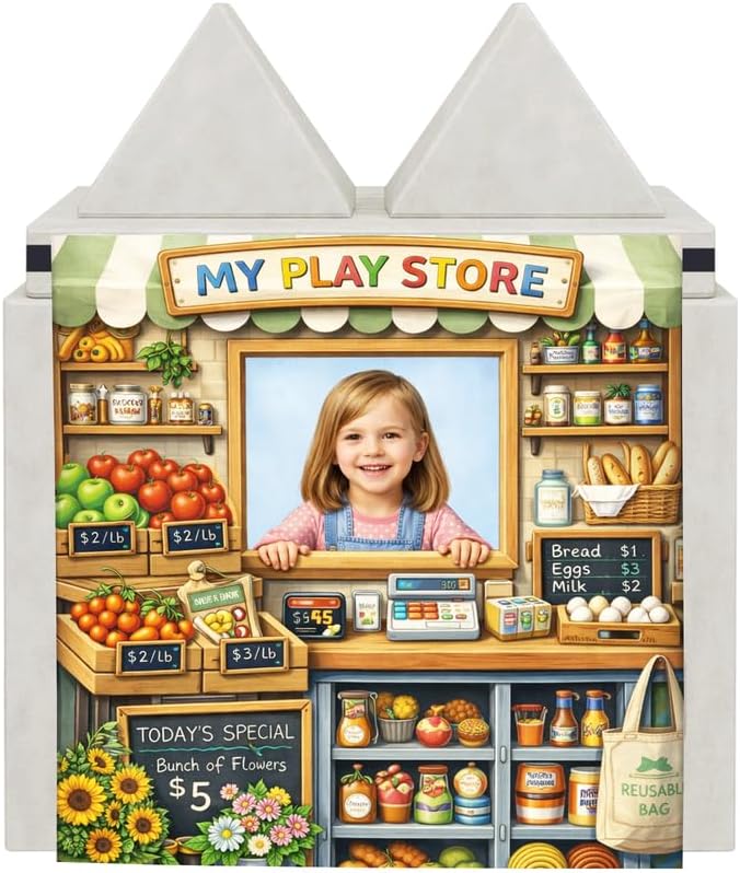 Foam Play Couch Panels - Grocery Store Theme,Soft Sofa Accessories,Modular Play Panels,33.5x37 Inches,Farmers Market Design with Fruits,Bread and Flow
