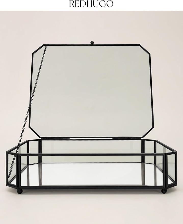Large Glass Boxes for Display Handmade, Mirrored Bottom, Glass Jewelry Box with Lid, Trinket Box Book Photo Keepsake Organizer, Display Case for Vanity Decor Home Dresser, Octagon, Black