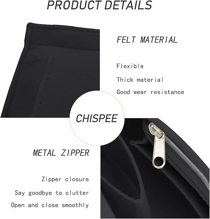 Chispee Felt Bag Organizer for Longchamp Totes, Luxury Purse Insert with Zipper & Multi-Pockets, Inner Organizer Liner to Organize Large Handbags, Black