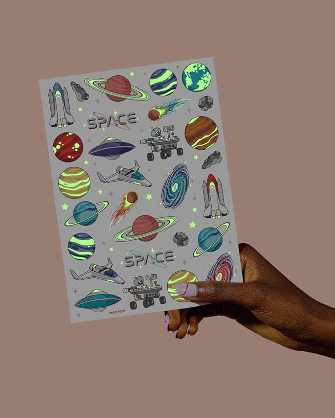 xo, Fetti Space + Planets Glow in Dark Temporary Tattoos for Kids - 50 pcs | Alien Birthday Party Supplies, Astronaut Favors + Rocket ship Decorations