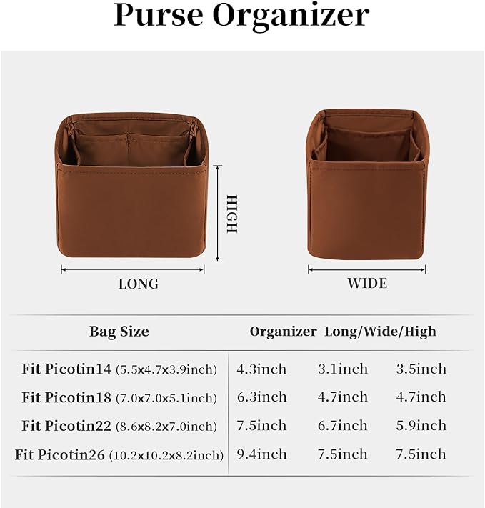 Purse Organizer Insert for Picotin 18/22, Satin Bag Organizer for Picotin Bags, Lightweight Purse Essentials for Women Luxury Handbags, Soft Touch Inner Liner with Multiple Pockets (Gold, PC22)