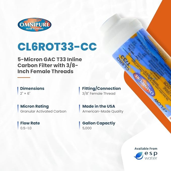 Omnipure CL10ROT33-CC Inline GAC Carbon Filter 5-Micron, 10" x 2" with 3/8" Female Thread Fittings, Removes Chlorine and Improves Taste & Odor for RO Systems, Ice Makers, Water Coolers, Fountains