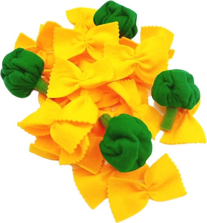 Pasta with broccoli, farfalle, bow tie pasta, felt play food for kids kitchen, pretend play for kids (yellow, set 4 (farfalle, broccoli))