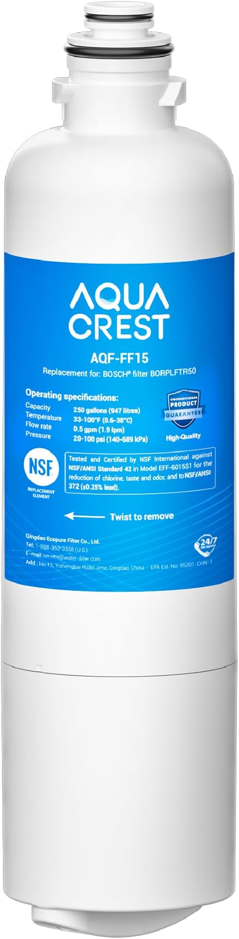 AQUA CREST 11032531 Replacement for Bosch® UltraClarity® Pro BORPLFTR50, 12033030 Refrigerator Water Filter, Compatible with 11025825, 12028325, BORPLFTR55, REPLFTR50, B36CT80SNS, WFC100MF, 1 Filter