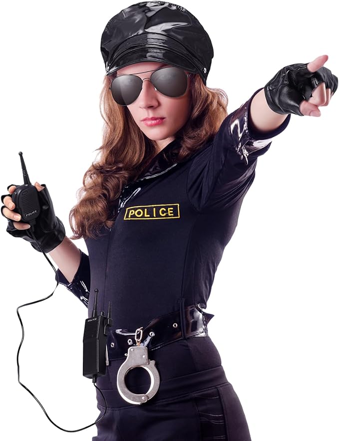 Mepase 7 Pcs Women Police Costume Accessories Women Police Officer Accessory Set Cop Costume with Baton Gloves Hat Belt and Walkie-talkie for Halloween