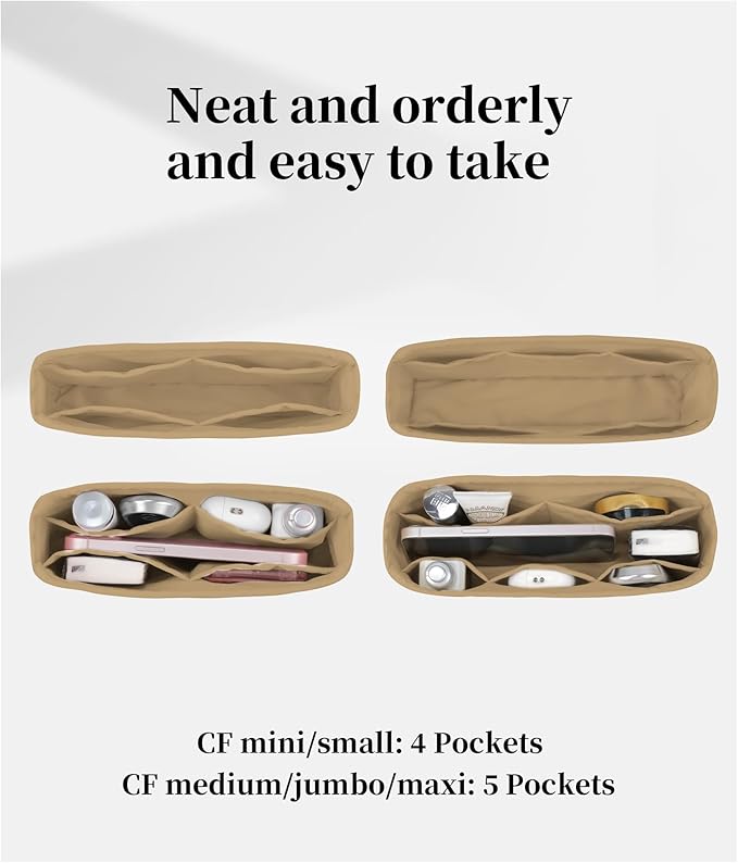 Classic Flap Bag Organizer Insert, Purse Organizer Insert Compatible with Chanel Classic Flap Mini, Lightweight Purse Divider with Pockets (Chai, CF Mini)