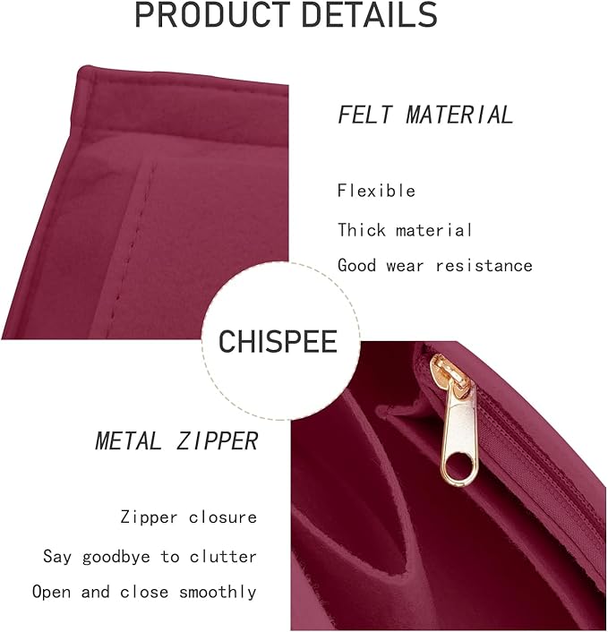 Chispee Felt Purse Organizer Insert Luxury Handbag Organizers for Longchamp Divider Pocket & Zipper Inner Bag Liner fit Small, Rose Red