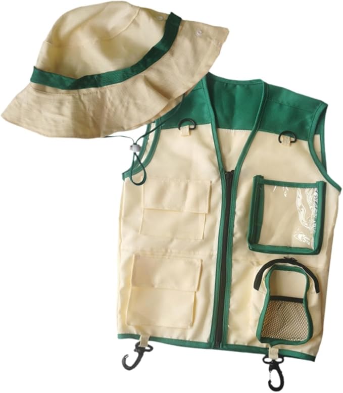 Kids Explorer Vest and Hat Outdoor Adventure Kit Role Play Costume for Fishing Paleontologist Hiking Birthday Gift, Green