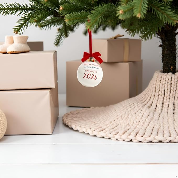 Kate & Milo “See You in 2026” Pregnancy Announcement Christmas Ornament – Ceramic Holiday Keepsake with Red Bow & Ribbon, Baby Reveal Gift for Expecting Parents