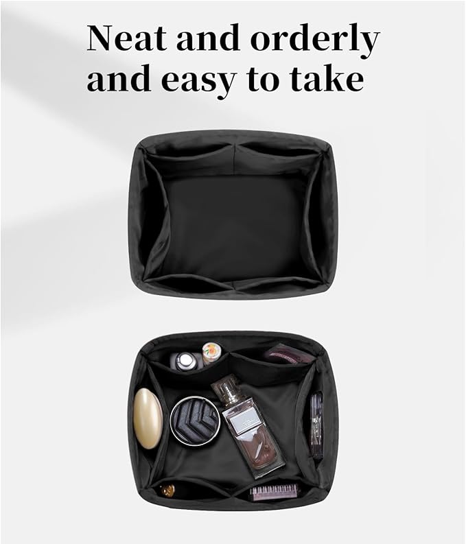 Purse Organizer Insert for Picotin 18/22, Satin Bag Organizer for Picotin Bags, Lightweight Purse Essentials for Women Luxury Handbags, Soft Touch Inner Liner with Multiple Pockets (Black, PC22)