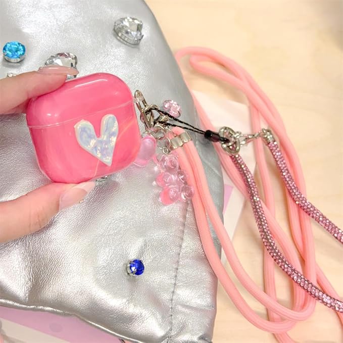 AirPods 4 Case with Neck Strap - Pink Marble Heart Design, Shockproof Silicone Protective Cover for Women Travel, Compatible with AirPods 4/4(2024 NC) & Detachable Keychain,Cute