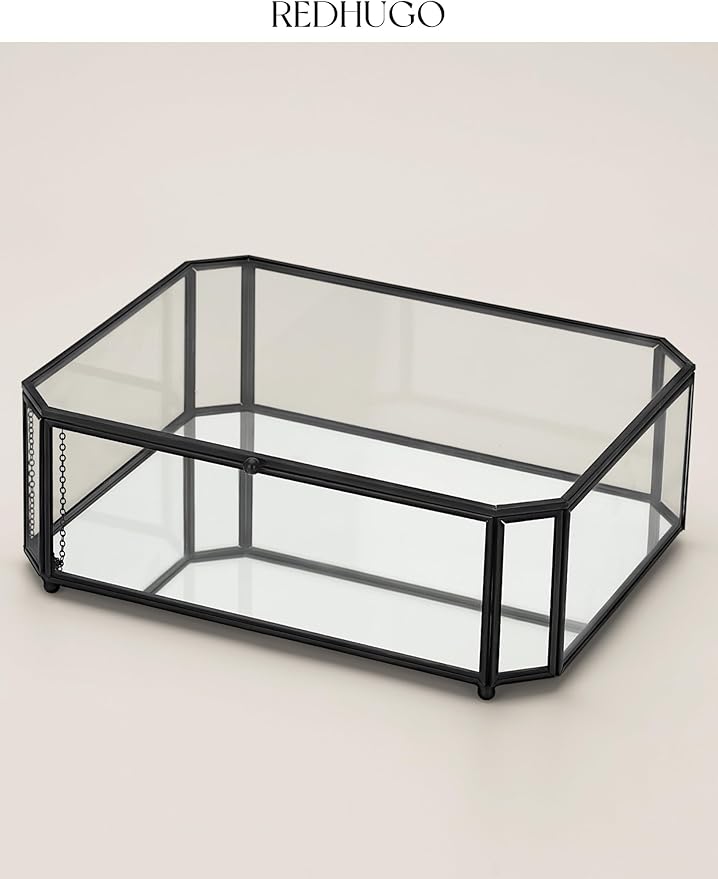 Large Glass Boxes for Display Handmade, Mirrored Bottom, Glass Jewelry Box with Lid, Trinket Box Book Photo Keepsake Organizer, Display Case for Vanity Decor Home Dresser, Octagon, Black