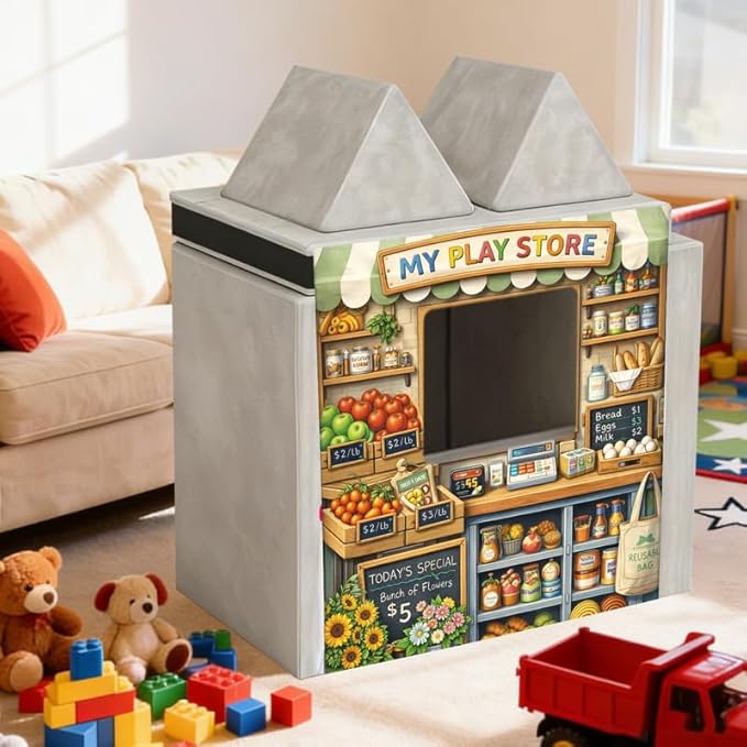 Foam Play Couch Panels - Grocery Store Theme,Soft Sofa Accessories,Modular Play Panels,33.5x37 Inches,Farmers Market Design with Fruits,Bread and Flow
