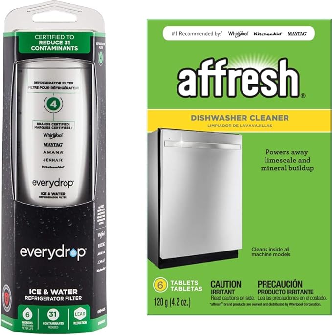 everydrop by Whirlpool Ice and Water Refrigerator Filter 4, EDR4RXD1, Single-Pack & Affresh Dishwasher Cleaner, Helps Remove Limescale and Odor-Causing Residue, 6 Tablets