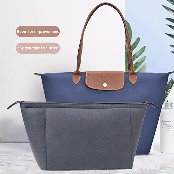 Chispee Purse Organizer Insert for Handbags, Softened Felt Insert Bag Organizer for Tote, Handbag Organizer with Multiple Pockets and Zipper fit for Longchamp Bag (Dark Grey,L)
