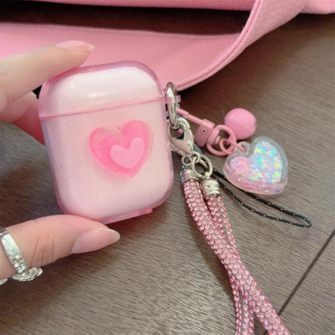 Compatible with AirPods 1st & 2nd Gen Transparent Silicone Case, Cute Pink Heart Design with Adjustable Lanyard Keychain, Travel-Friendly Protective Cover for Women & Men