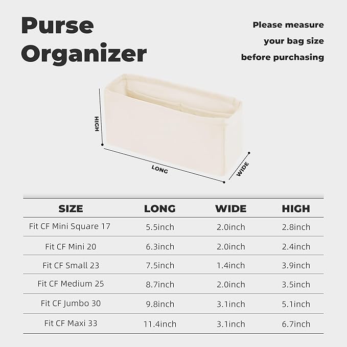 Purse Handbag Silky Organizer Insert Keep Bag Shape Fits Chanel Classic Flap CF Mini Square 17/20/Small/Medium/Jumbo/Maxi Bags, Luxury Handbag Tote Lightweight Sturdy(CF Medium 25,Craie)