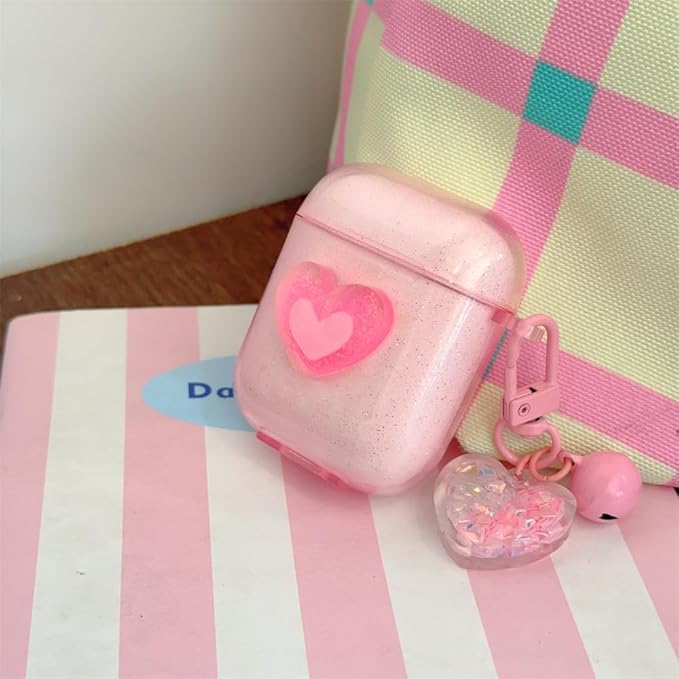 Compatible with AirPods 1st & 2nd Gen Transparent Silicone Case, Cute Pink Heart Design with Adjustable Lanyard Keychain, Travel-Friendly Protective Cover for Women & Men