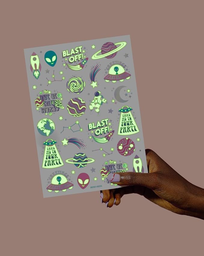 xo, Fetti Space + Planets Glow in Dark Temporary Tattoos for Kids - 50 pcs | Alien Birthday Party Supplies, Astronaut Favors + Rocket ship Decorations