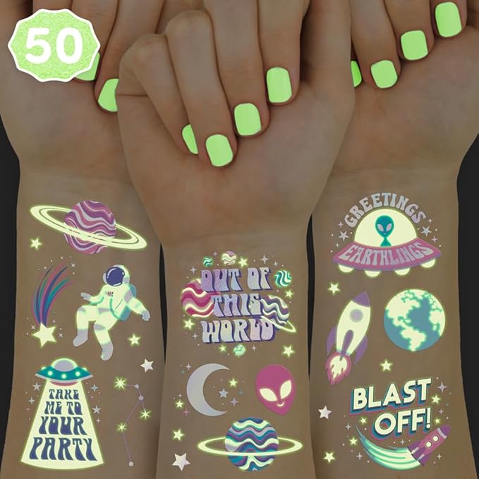 xo, Fetti Space + Planets Glow in Dark Temporary Tattoos for Kids - 50 pcs | Alien Birthday Party Supplies, Astronaut Favors + Rocket ship Decorations