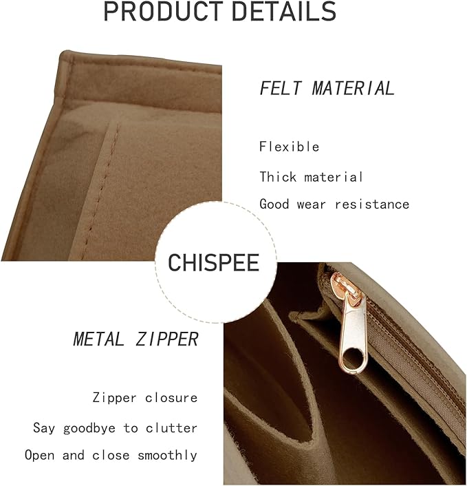 Chispee Handbag Organizers for Longchamp Felt Purse Divider Organizer Insert Pocket & Zipper Inner Bag Liner fit Large, Saddle Brown