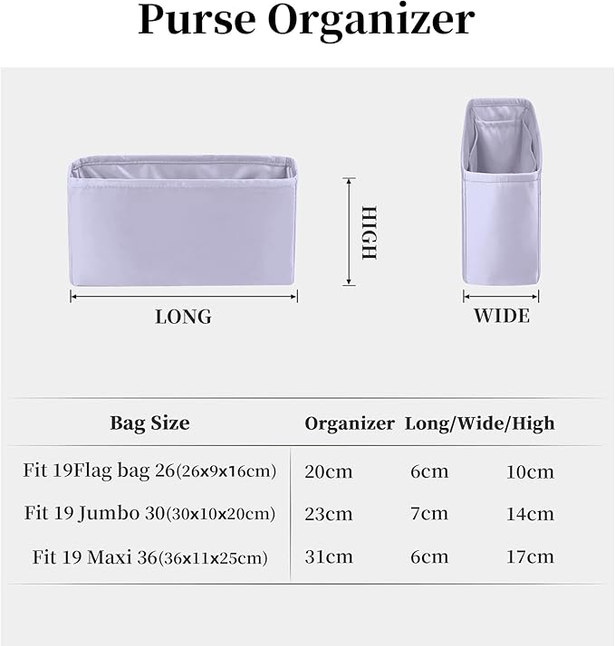 19 Bag Organizer Insert, Purse Organizer with Silky Satin Compatible with Chanel 19 Flap26 Bag, Lightweight Inner Bag for Luxury Bags (Lavender, Flap26)