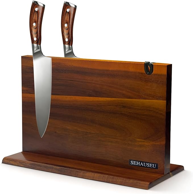 Double Sided Magnetic Knife Stand with sharpener,Kitchen Storage with Strong Magnets for Knives & Utensils,Modern Wooden Knife Block for Kitchen Countertops, Without Knives,14"x10"