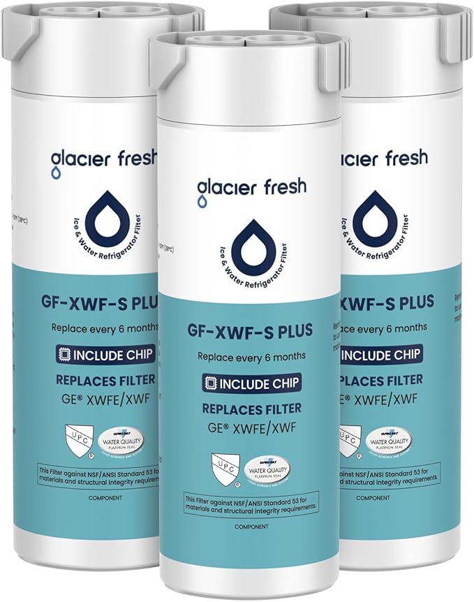GLACIER FRESH Water Filter Compatible with XWFE (Built-in CHIP), Replacement for GE XWFE, XWF Refrigerator Water Filter NSF/ANSI 53 Certification Pack of 3