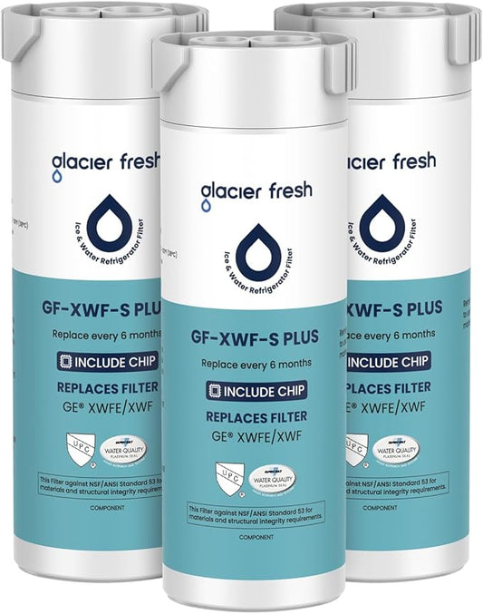 GLACIER FRESH Water Filter Compatible with XWFE (Built-in CHIP), Replacement for GE XWFE, XWF Refrigerator Water Filter NSF/ANSI 53 Certification Pack of 3