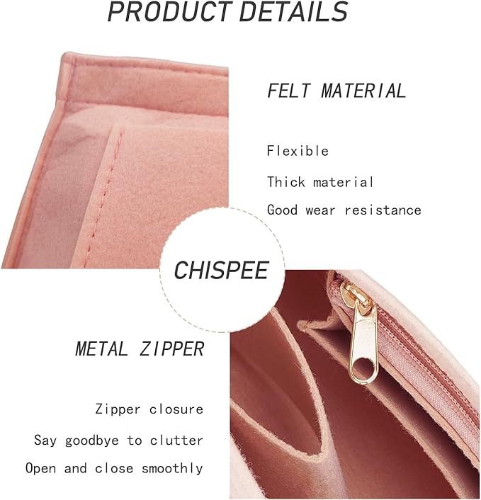 Chispee Felt Purse Organizer Insert Luxury Handbag Organizers for Longchamp Divider Pocket & Zipper Inner Bag Liner fit Large, Pink