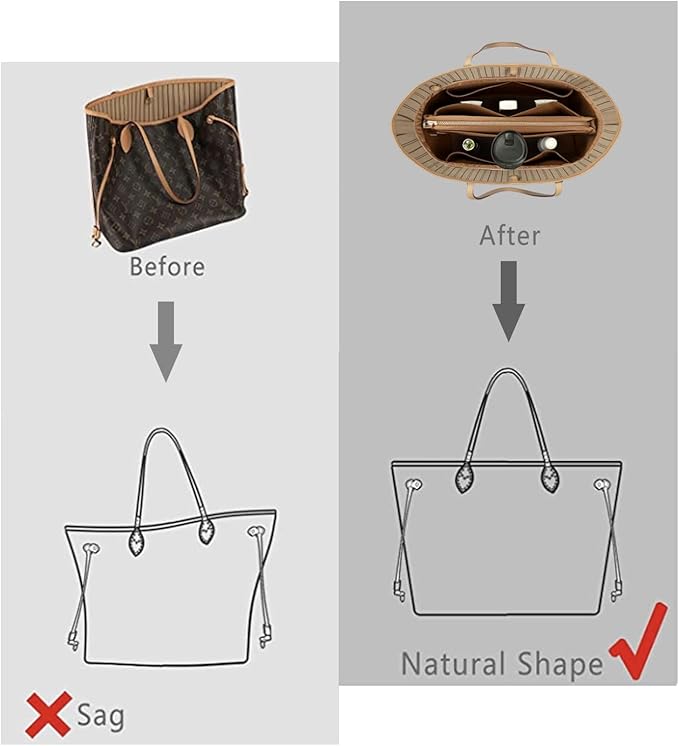 Purse Organizer Insert For Handbags, Purse Organizer With Zipper, Neverfull Organizer, Bag Organizer For Speedy Neverfull ONTHEGO Tote, Handbag and More (Silky Brown, small)