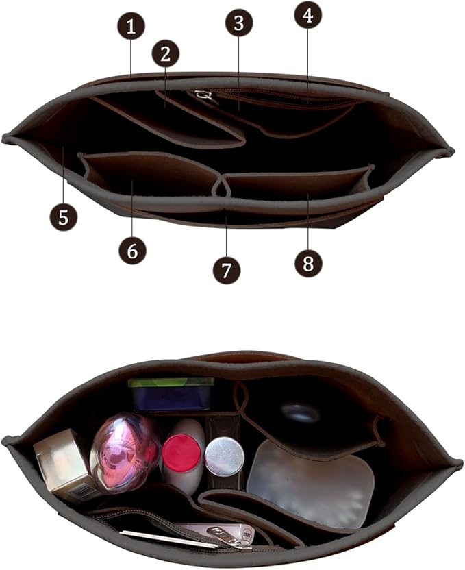 Chispee Felt Purse Organizer Insert Luxury Handbag Organizers for Longchamp Divider Pocket & Zipper Inner Bag Liner fit Small, Brown