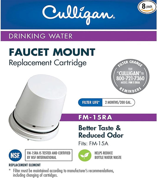 Culligan FM-15RA Replacement Water Filtration Cartridge Extra Long Filter Life Fits Faucet Mount Filter FM-15A (Pack of 8)