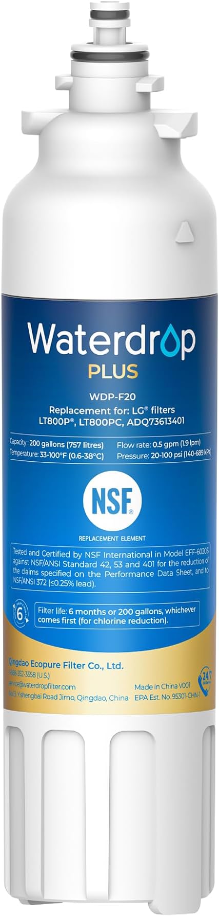 Waterdrop Plus ADQ73613401 NSF 401&53&42 Certified Refrigerator Water Filter, Reduce Lead&PFAS, Replacement for LG® LT800P®, ADQ73613402, ADQ75795104, Kenmore 9490, LSXS26326S (Package May Vary)