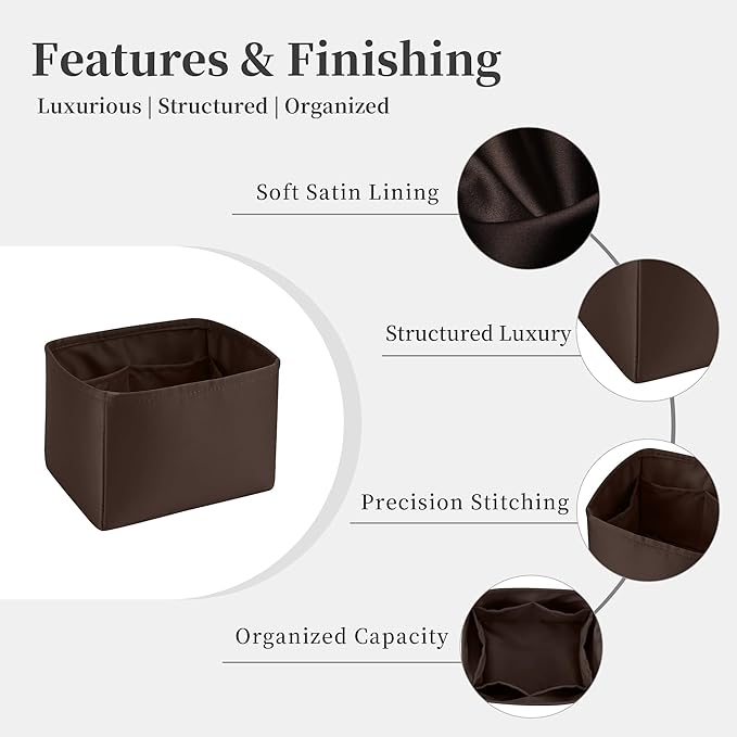 Purse Organizer Insert for Luxury Bag, Lightweight & Soft Satin Fabric with Pockets, Ideal for Travel, Shopping, and Daily Use, Multicolor Options, Fits Picotin 18(Chocolat, PC18)