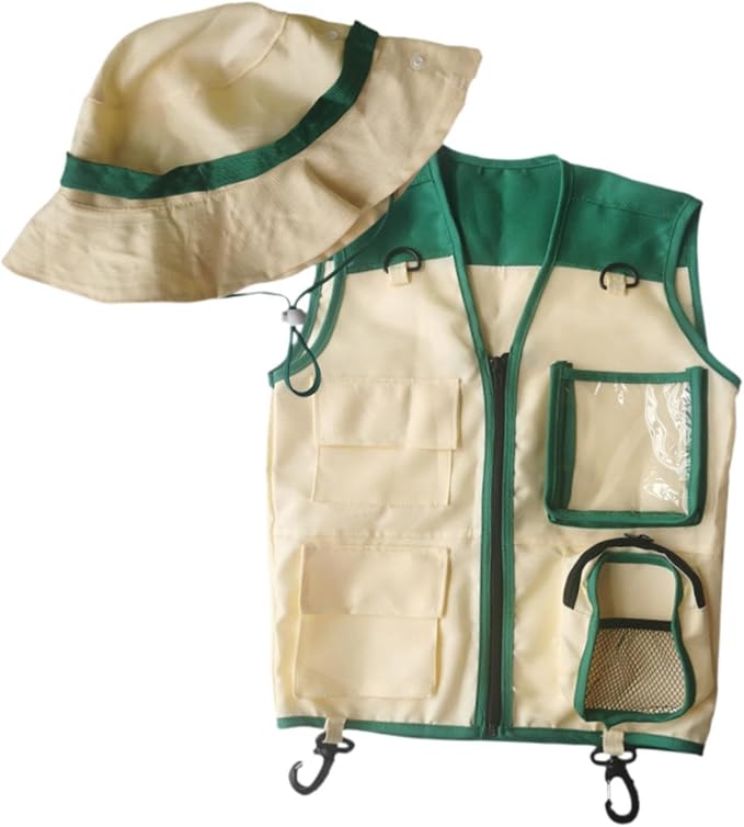 Kids Explorer Vest and Hat Outdoor Adventure Kit Role Play Costume for Fishing Paleontologist Hiking Birthday Gift, Green