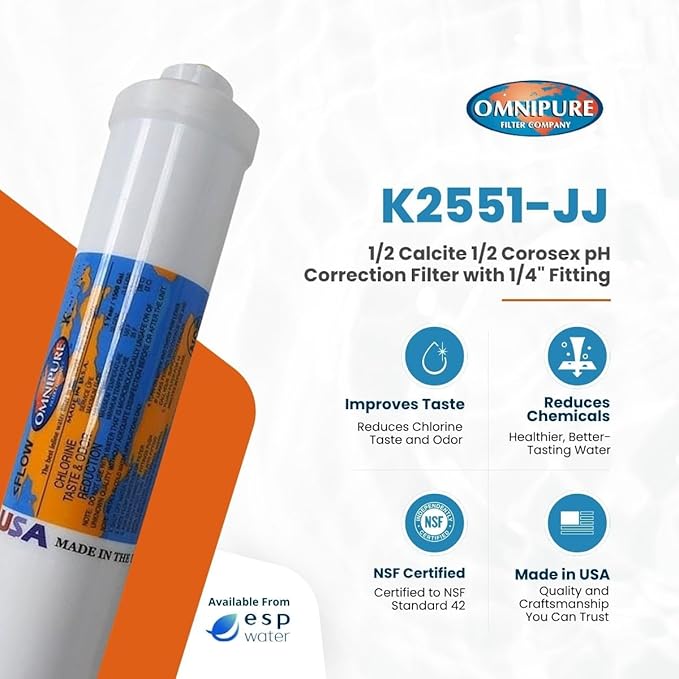 Omnipure K2551 Inline Water Filter 2 x10 Inches with Calcite and Corosex Raises Low pH for Acidic Water Fits 1/4" Quick Connect Tubing Increases Alkalinity for RO Systems K2551-JJ