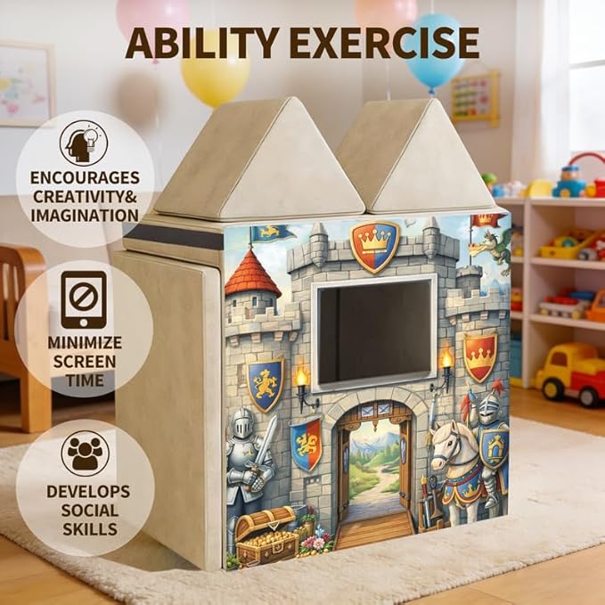 Foam Play Couch Panels - Castle Theme,Soft Sofa Accessories,Modular Play Panels,Magical Fortress Design,Knight & Dragon Art,33.5x37 Inches
