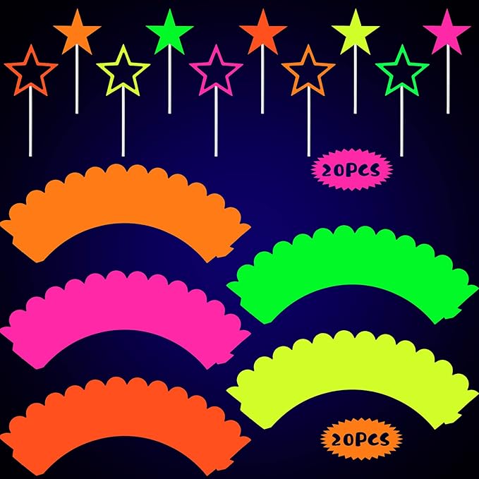 40 Pieces Glow Party Neon Party Supplies Glow Cake Toppers Neon Star Cake and Cupcake Wrappers Birthday Cupcake Pick for Glow Neon Birthday Wedding Halloween Party Black Light Reactive