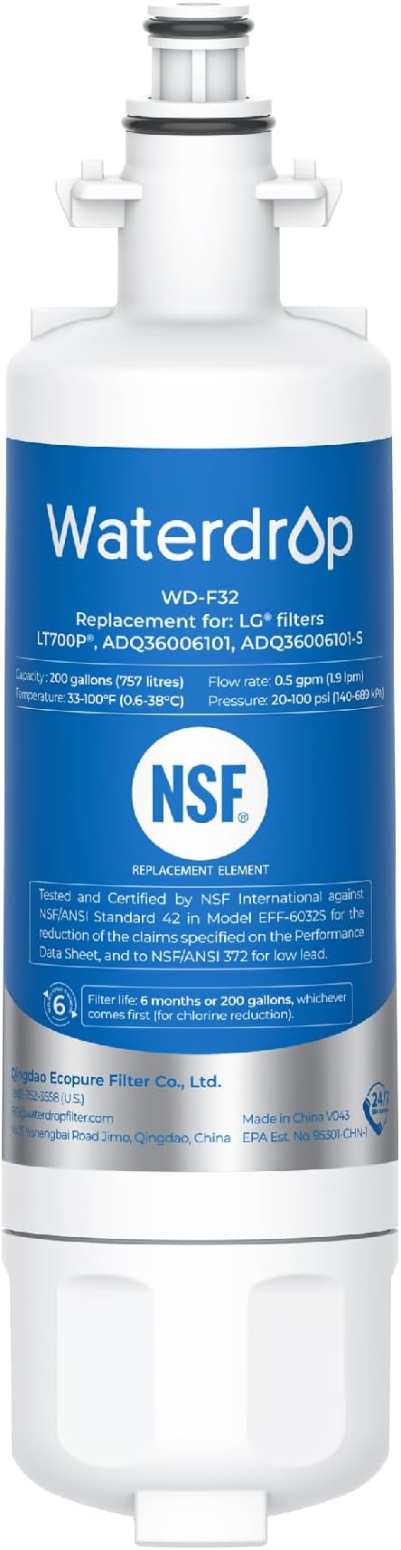 Waterdrop 469690 ADQ36006101 Refrigerator Water Filter, Replacement for LG® LT700P®, ADQ36006102, Kenmore® 9690, LFXS30766S, LFXS24623S, FML-3, RFC1200A, RWF1200A, WSL-3