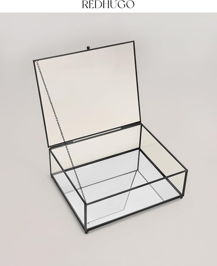 Large Glass Boxes for Display Handmade, Mirrored Bottom, Glass Jewelry Trinket Box with Lid, for Book Photo Keepsake Organizer Display Case for Vanity Decor Home, 10.4"L x 8.5"W x 3.7"H, Black