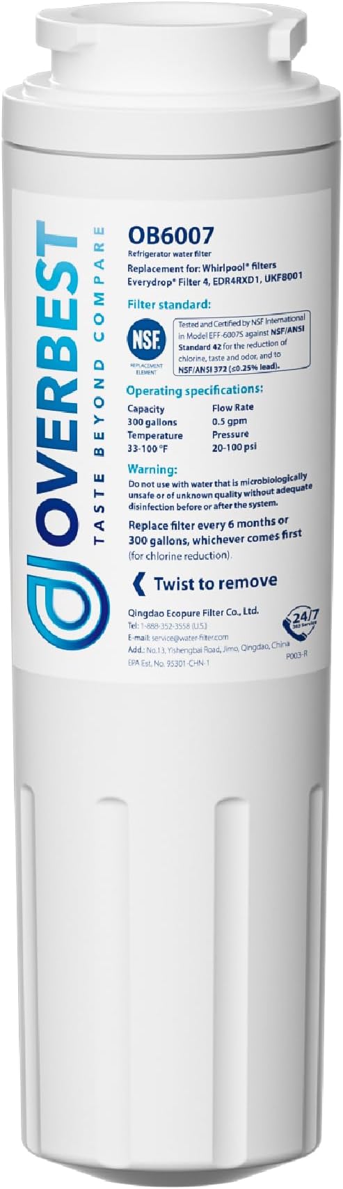 Overbest UKF8001 Replacement for EveryDrop by Whirlpool Refrigerator Water Filter 4, EDR4RXD1
