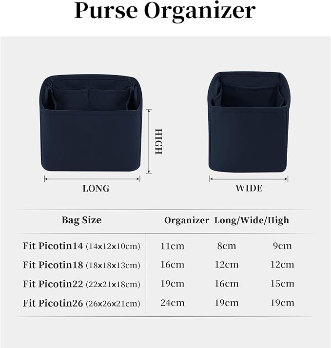 Purse Organizer Insert for Picotin 18/22, Satin Bag Organizer for Picotin Bags, Lightweight Purse Essentials for Women Luxury Handbags, Soft Touch Inner Liner with Multiple Pockets (Blue nuit, PC18)
