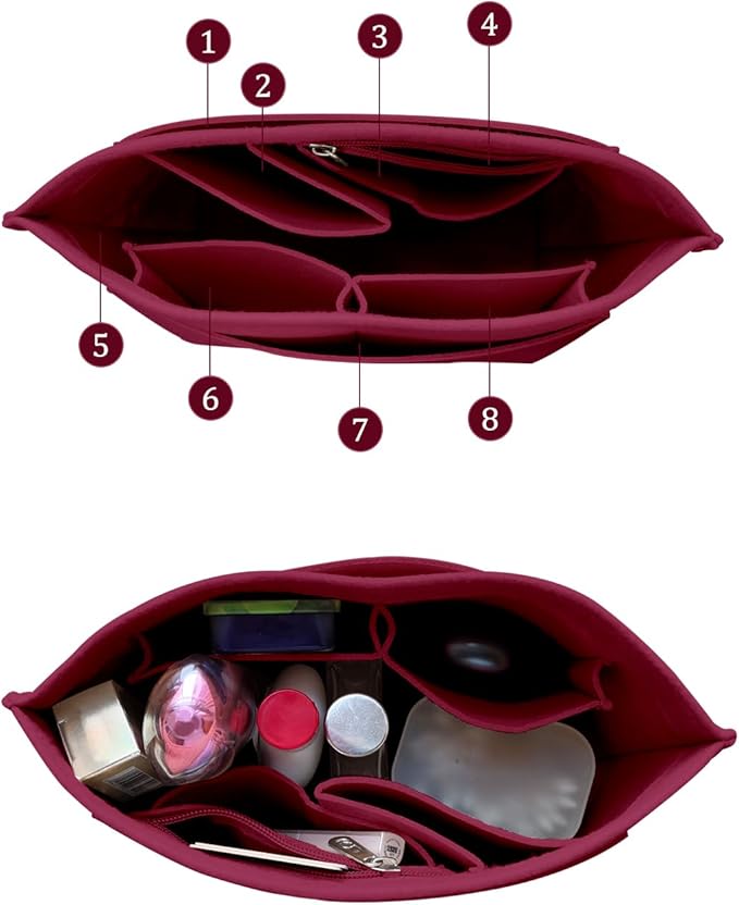Chispee Felt Purse Organizer Insert Luxury Handbag Organizers for Longchamp Organizer Insert Divider Pocket & Zipper Inner Bag Liner fit Medium, Wine Red