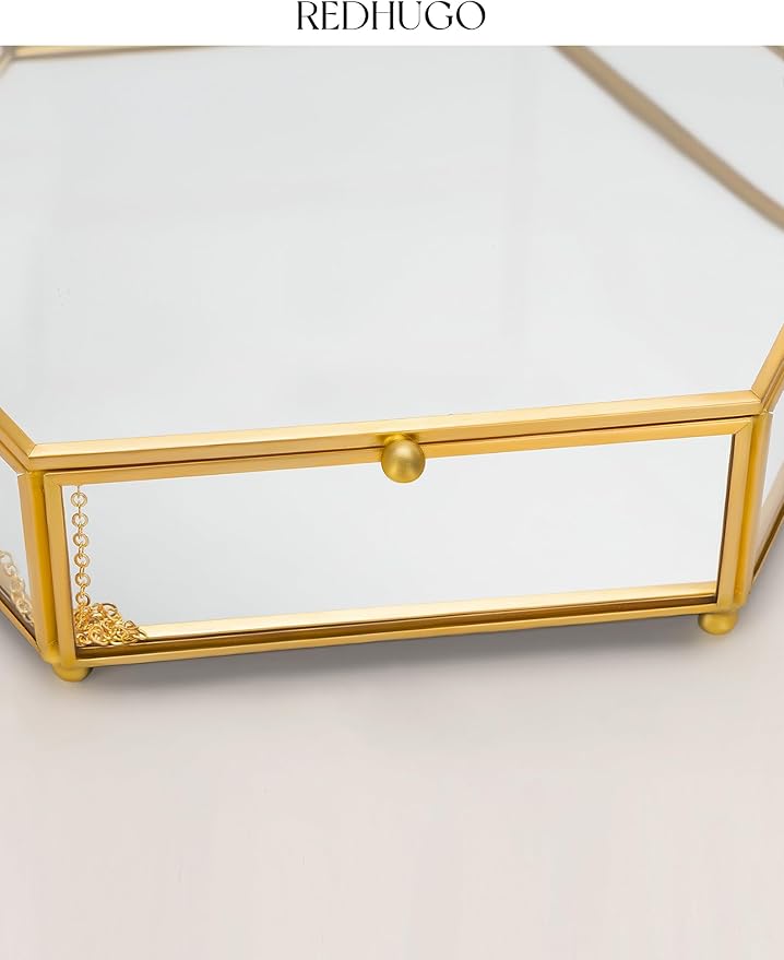 Hexagon Glass Box for Display Handmade, Mirrored Bottom, Brass & HD-Glass Geometric Jewelry Box with Lid for Trinkets, Photos, Books - Multipurpose Keepsake Organizer, Home Decor, Gold