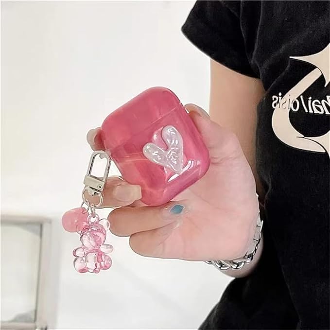 Silicone Case for AirPods 1st/2nd Generation;Women's Pink Marble Shock-Resistant Cover with 3D Heart Design, Adjustable Neck Strap & Keychain, Travel-Friendly Protective Case for Girls Women
