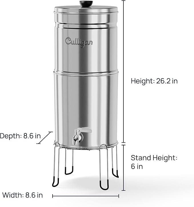 Culligan MaxClear 2.25 Gallon Gravity Water Filter System, Removes Microplastics, PFAS & Lead, NSF/ANSI Certified, Brushed Stainless-Steel Countertop Filter with 1 Ceramic Filter