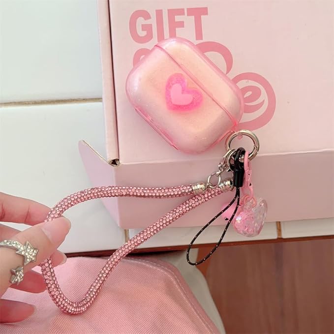 Compatible with AirPods Pro 1st/2nd Gen (2019-2023) Transparent Silicone Case, Cute Heart Design with Long Lanyard Keychain, Travel-Friendly Protective Cover for Women and Girls - Pink